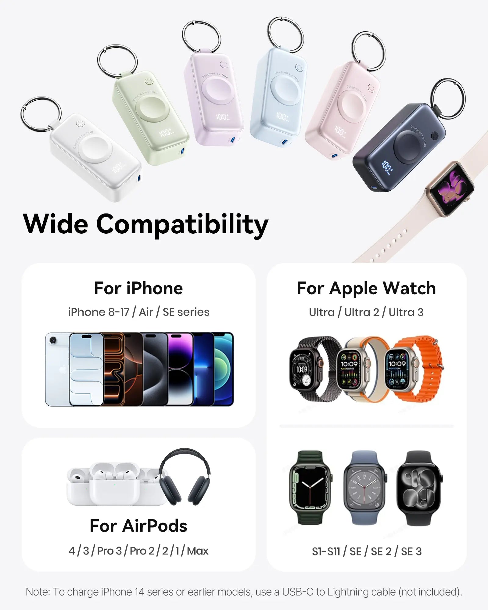 INIU P81 Snapgo Mini 5000Mah Power Bank with Keychain for Apple Watch Ultra SE 2/3 Series Iphone Air 8 ~ 17 Airpods Series 20W Built-In USB C Cable Fast Charge Portable Charger Travel EDC Battery Pack Phone Charger Valentine'S Day Girls Mom Couple Gift