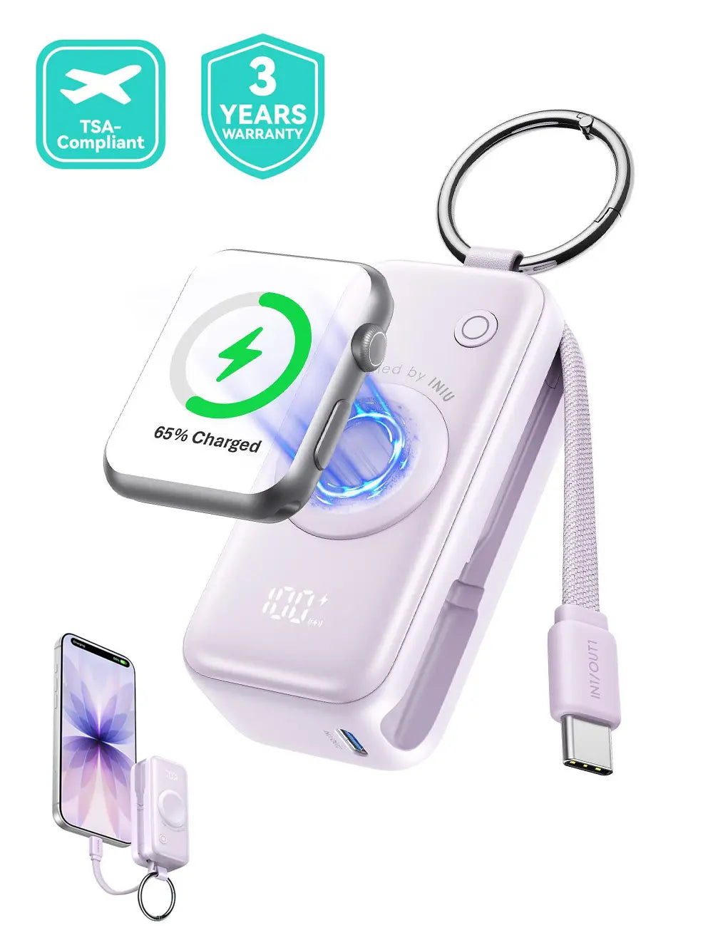 INIU P81 Snapgo Mini 5000Mah Power Bank with Keychain for Apple Watch Ultra SE 2/3 Series Iphone Air 8 ~ 17 Airpods Series 20W Built-In USB C Cable Fast Charge Portable Charger Travel EDC Battery Pack Phone Charger Valentine'S Day Girls Mom Couple Gift