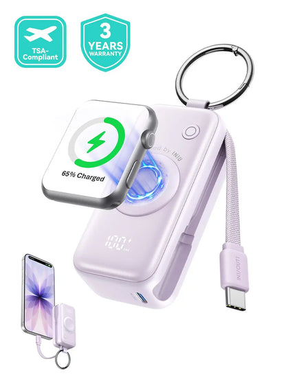 INIU P81 Snapgo Mini 5000Mah Power Bank with Keychain for Apple Watch Ultra SE 2/3 Series Iphone Air 8 ~ 17 Airpods Series 20W Built-In USB C Cable Fast Charge Portable Charger Travel EDC Battery Pack Phone Charger Valentine'S Day Girls Mom Couple Gift